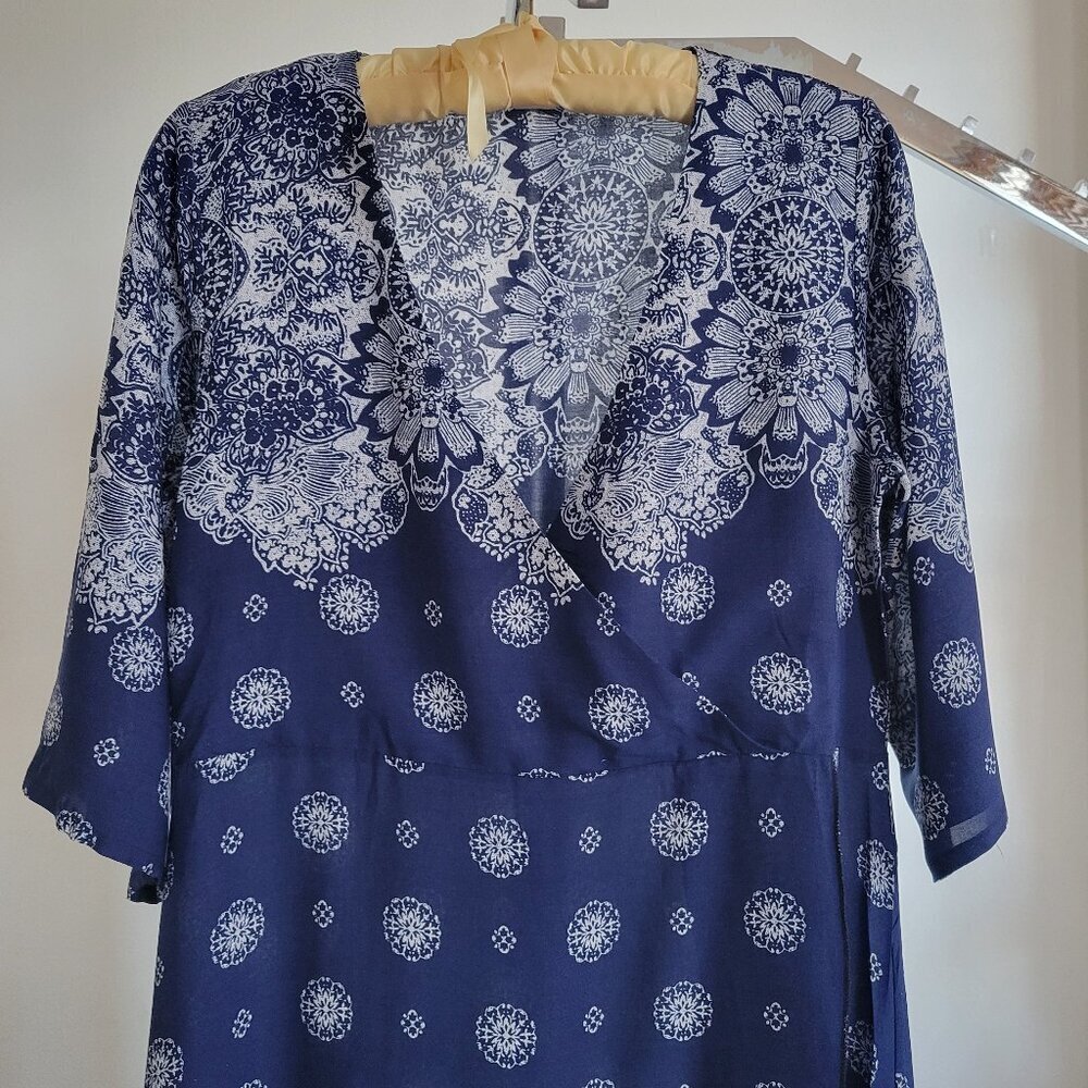 Biubiu Women’s Long Wrap Short Sleeve Navy Blue Boho Bohemian Maxi Dress (Size: